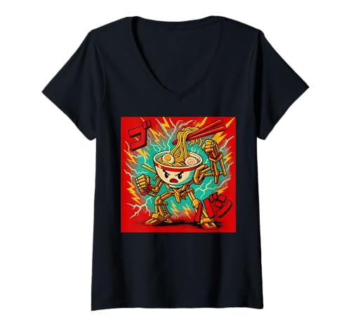 Damen Mecha Ramen Kaiju Nudelroboter Comic Japan T-Shirt mit V-Ausschnitt von Anime Ramen Mecha Robot Streetwear Otaku