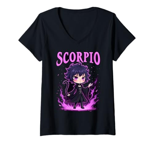 Damen Anime Skorpion Sternzeichen Niedlich T-Shirt mit V-Ausschnitt Damen Anime Skorpion Sternzeichen Niedlich T-Shirt mit V-Ausschnitt von Anime Scorpio Enthusiasts Zodiac Tees