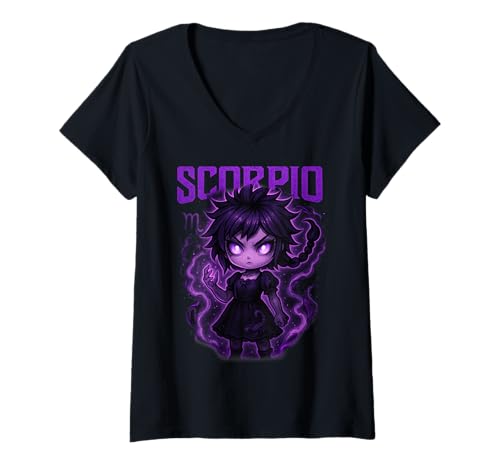 Damen Anime Skorpion Sternzeichen Niedlich T-Shirt mit V-Ausschnitt Damen Anime Skorpion Sternzeichen Niedlich T-Shirt mit V-Ausschnitt von Anime Scorpio Enthusiasts Zodiac Tees
