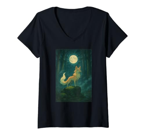Damen Mystischer Fuchs Anime Vollmond Wald T-Shirt mit V-Ausschnitt Damen Mystischer Fuchs Anime Vollmond Wald T-Shirt mit V-Ausschnitt von Anime Spirit Designs