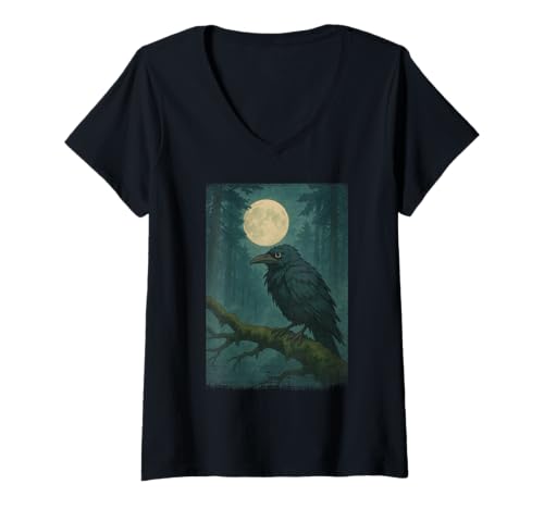 Damen Mystischer Rabe Anime Mondheller Wald T-Shirt mit V-Ausschnitt Damen Mystischer Rabe Anime Mondheller Wald T-Shirt mit V-Ausschnitt von Anime Spirit Designs