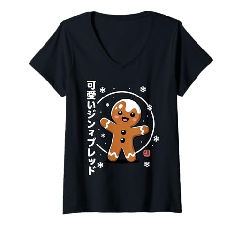Damen Kawaii Lebkuchenmann T-Shirt mit V-Ausschnitt Damen Kawaii Lebkuchenmann T-Shirt mit V-Ausschnitt von Anime Style Gingerbread