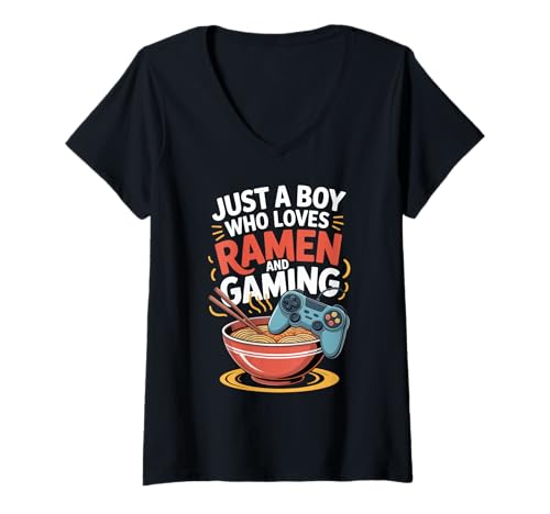 Damen Nur EIN Junge, der Ramen und Gaming Japan Noodles Anime liebt T-Shirt mit V-Ausschnitt von Anime Tees For Boys: Ramen And Gaming Lover