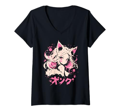 Damen Anime Waifu Süßes Anime-Manga-Katzenmädchen, süßes Retro-Design, Japan T-Shirt mit V-Ausschnitt von Anime Waifu Cute Anime manga Cat Girl Sweet Retro
