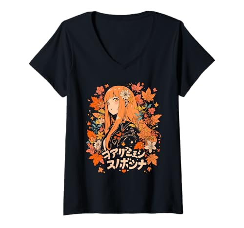 Damen Anime Waifu Süßes Anime-Manga-Katzenmädchen, süßes Retro-Design, Japan T-Shirt mit V-Ausschnitt von Anime Waifu Cute Anime manga Cat Girl Sweet Retro