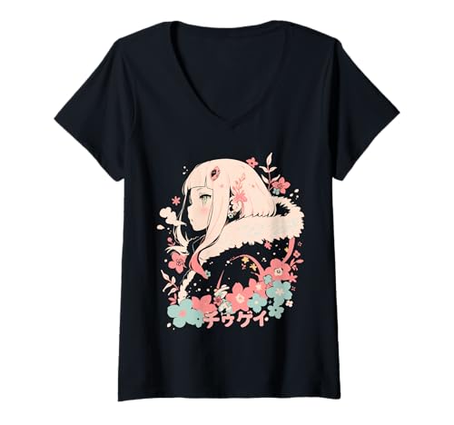 Damen Anime Waifu Süßes Anime-Manga-Katzenmädchen, süßes Retro-Design, Japan T-Shirt mit V-Ausschnitt von Anime Waifu Cute Anime manga Cat Girl Sweet Retro