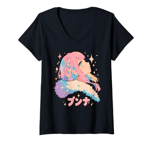 Damen Anime Waifu Süßes Anime-Manga-Katzenmädchen, süßes Retro-Design, Japan T-Shirt mit V-Ausschnitt von Anime Waifu Cute Anime manga Cat Girl Sweet Retro