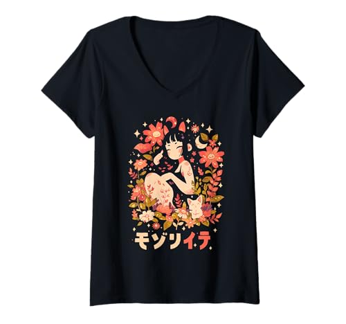 Damen Anime Waifu Süßes Anime-Manga-Katzenmädchen, süßes Retro-Design, Japan T-Shirt mit V-Ausschnitt von Anime Waifu Cute Anime manga Cat Girl Sweet Retro