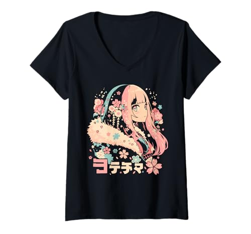 Damen Anime Waifu Süßes Anime-Manga-Katzenmädchen, süßes Retro-Design, Japan T-Shirt mit V-Ausschnitt von Anime Waifu Cute Anime manga Cat Girl Sweet Retro
