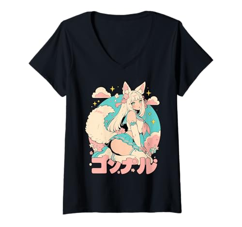 Damen Anime Waifu Süßes Anime-Manga-Katzenmädchen, süßes Retro-Design, Japan T-Shirt mit V-Ausschnitt von Anime Waifu Cute Anime manga Cat Girl Sweet Retro