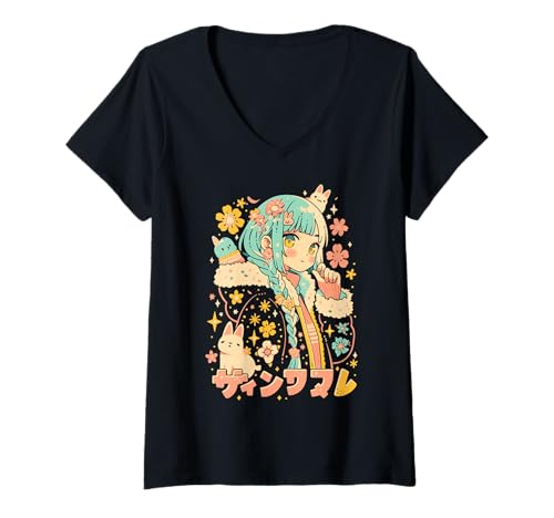 Damen Anime Waifu Süßes Anime-Manga-Katzenmädchen, süßes Retro-Design, Japan T-Shirt mit V-Ausschnitt von Anime Waifu Cute Anime manga Cat Girl Sweet Retro