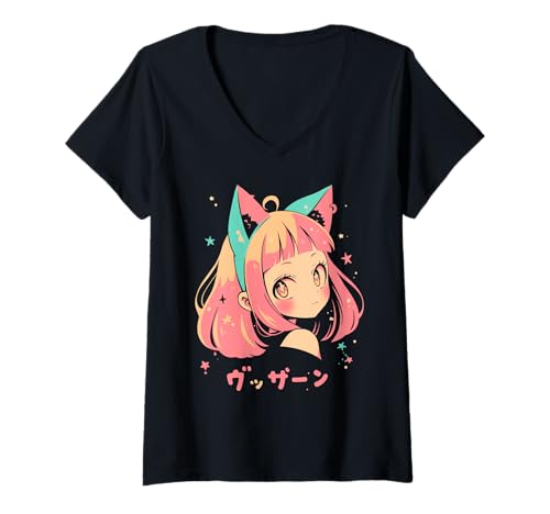 Damen Anime Waifu Süßes Anime-Manga-Katzenmädchen, süßes Retro-Design, Japan T-Shirt mit V-Ausschnitt von Anime Waifu Cute Anime manga Cat Girl Sweet Retro