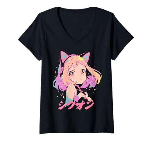 Damen Anime Waifu Süßes Anime-Manga-Katzenmädchen, süßes Retro-Design, Japan T-Shirt mit V-Ausschnitt von Anime Waifu Cute Anime manga Cat Girl Sweet Retro