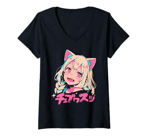 Damen Anime Waifu Süßes Anime-Manga-Katzenmädchen, süßes Retro-Design, Japan T-Shirt mit V-Ausschnitt von Anime Waifu Cute Anime manga Cat Girl Sweet Retro