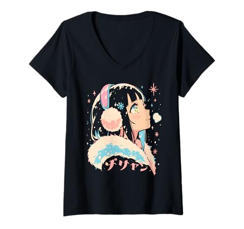 Damen Anime Waifu Süßes Anime-Manga-Katzenmädchen, süßes Retro-Design, Japan T-Shirt mit V-Ausschnitt von Anime Waifu Cute Anime manga Cat Girl Sweet Retro