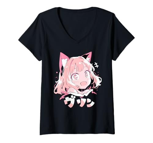 Damen Anime Waifu Süßes Anime-Manga-Katzenmädchen, süßes Retro-Design, Japan T-Shirt mit V-Ausschnitt von Anime Waifu Cute Anime manga Cat Girl Sweet Retro