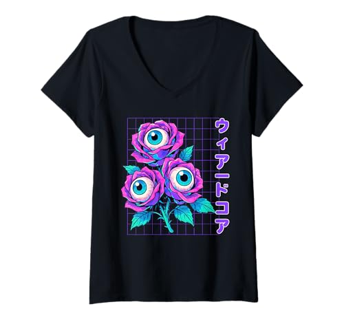 Damen Trippy Weirdcore Augapfel Rosen Japanische Vaporwave T-Shirt mit V-Ausschnitt Damen Trippy Weirdcore Augapfel Rosen Japanische Vaporwave T-Shirt mit V-Ausschnitt von Anime Weirdcore Gothic Streetwear Emo Punk Design