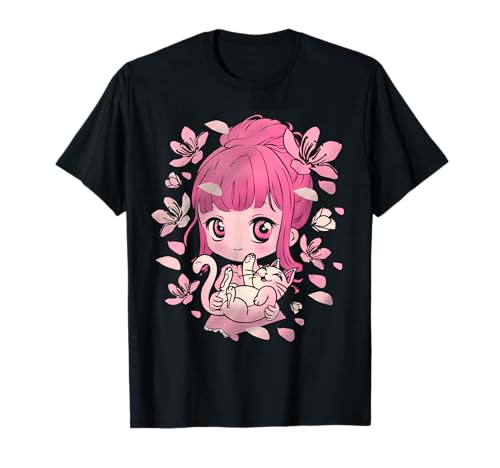 Anime und Katzen Liebhaber Manga-Mädchen Kawaii Otaku Kirschblüten T-Shirt von AnimeThembLuvGirl