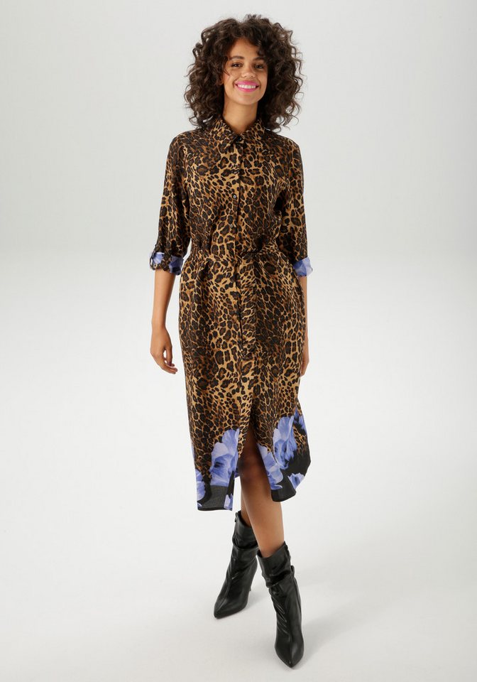 Aniston CASUAL Blusenkleid (mit abnehmbarem Bindegürtel) mit Blüten-Bordüre und Leo-Print von Aniston CASUAL