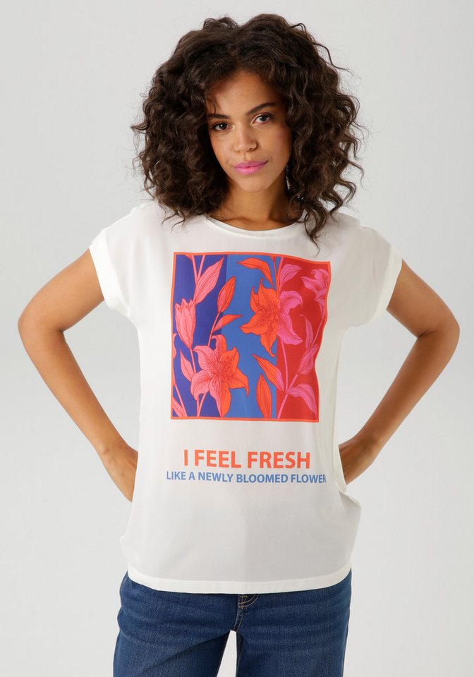 Aniston CASUAL Shirtbluse mit kunstvollen Blumendruck und Statement-Schriftzug von Aniston CASUAL