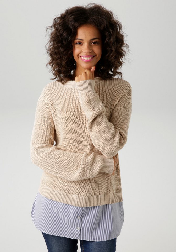 Aniston CASUAL Strickpullover mit gestreiftem Bluseneinsatz am Saum von Aniston CASUAL