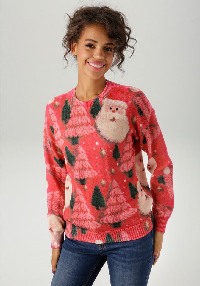 Aniston CASUAL Weihnachtspullover kunstvoll mit Tannen und Nikolaus-Köpfen bedruckt - NEUE KOLLEKTION von Aniston CASUAL