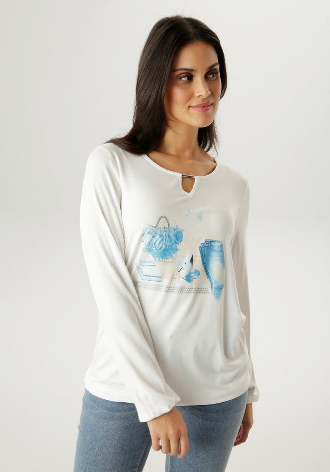 Aniston SELECTED Langarmshirt mit Cut-out und modischen Frontprint mit Glitzer - NEUE KOLLEKTION von Aniston SELECTED