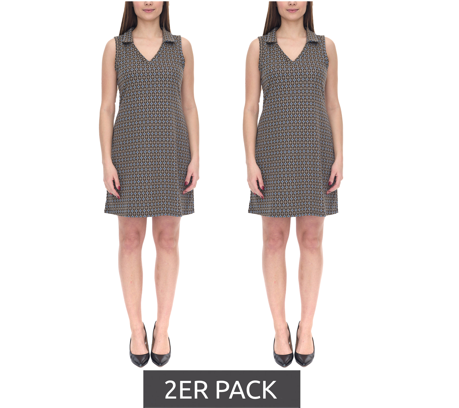 2er Aniston Casual Mini-Kleid leicht ausgestelltes Damen Polo-Kleid mit geometrischem Muster 18580257 Braun/Blau/Grau von Aniston