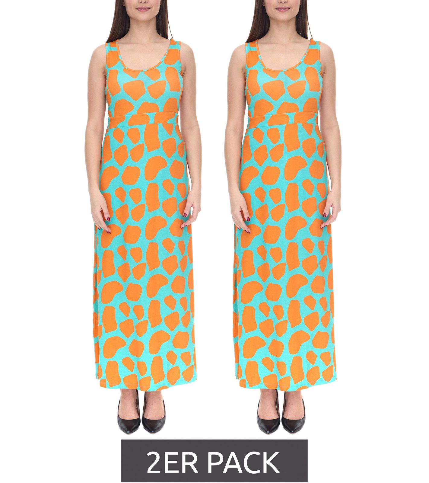 2er Pack Aniston CASUAL Damen Jersey-Kleid mit farbenfrohen Druck Maxi-Kleid Türkis/Orange von Aniston