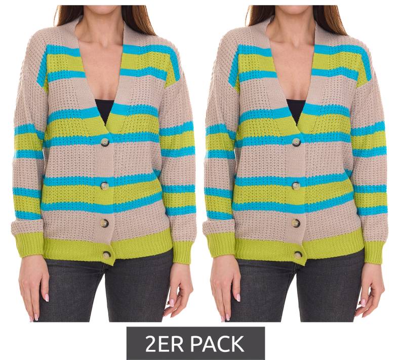 2er Pack Aniston CASUAL Damen Strick-Jacke Cardigan mit Knopf-Verschluss 85595338 Beige/Blau/Grün von Aniston