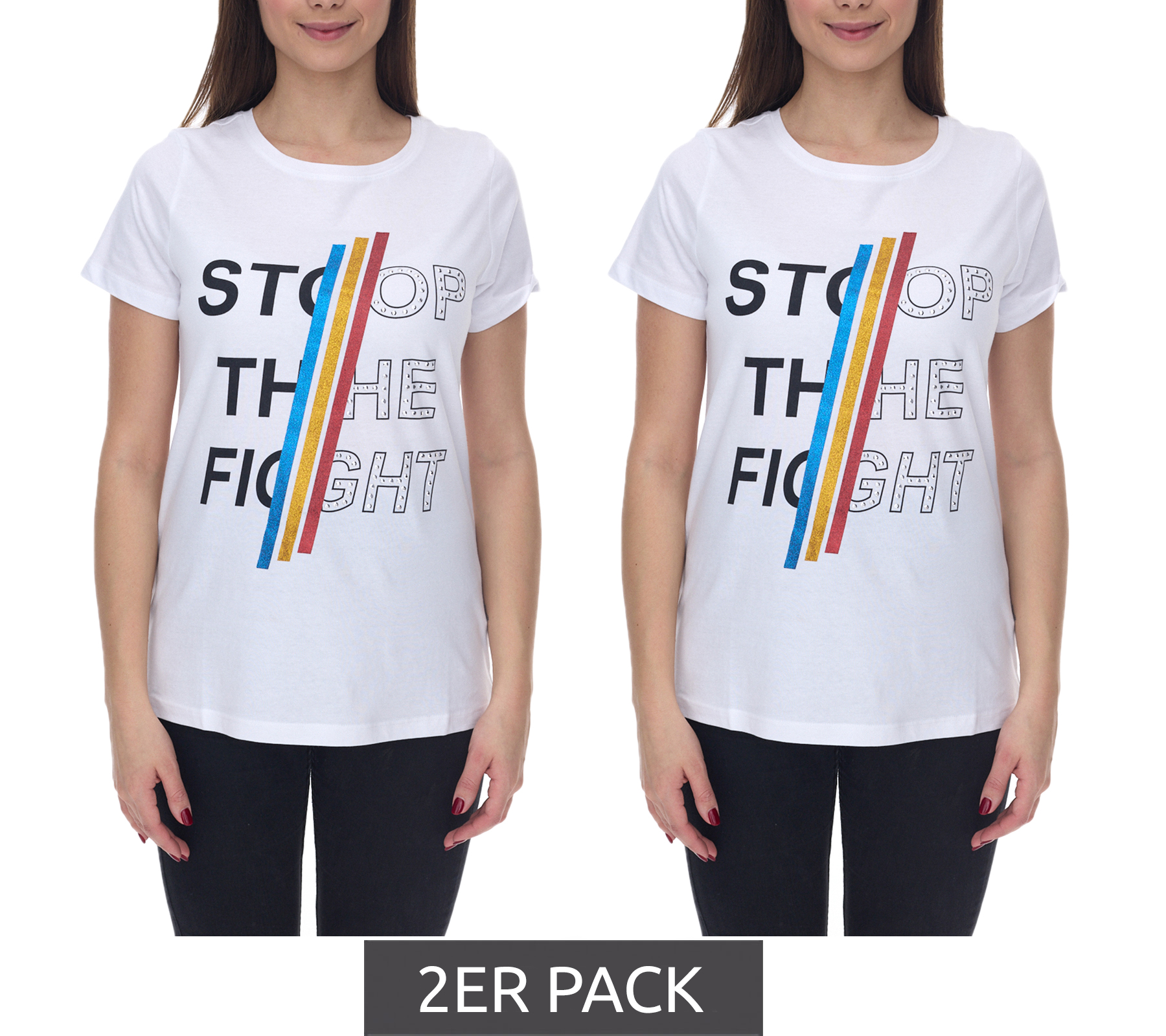 2er Pack Aniston CASUAL Kurzarm-Shirt Damen Baumwoll-T-Shirt mit STOP THE FIGHT Schriftzug 2281 4642 Weiß von Aniston