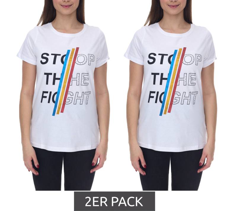 2er Pack Aniston CASUAL Kurzarm-Shirt Damen Baumwoll-T-Shirt mit STOP THE FIGHT Schriftzug 2281 4642 Weiß von Aniston