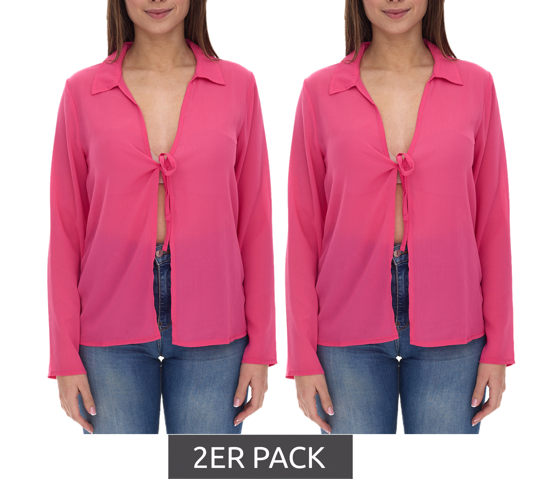 2er Pack Aniston SELECTED Damen Langarm-Bluse mit Bindeband Crinkle-Optik 63149957 Pink von Aniston