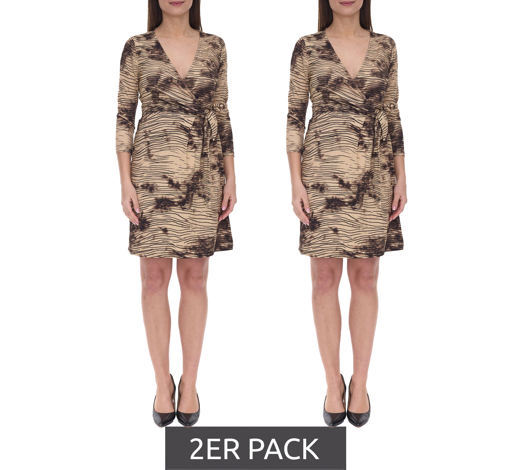 2er Sparpack Aniston CASUAL Damen Midi-Kleid Wickel-Kleid mit Animalprint 3/4 Arm 98257456 Beige/Schwarz von Aniston