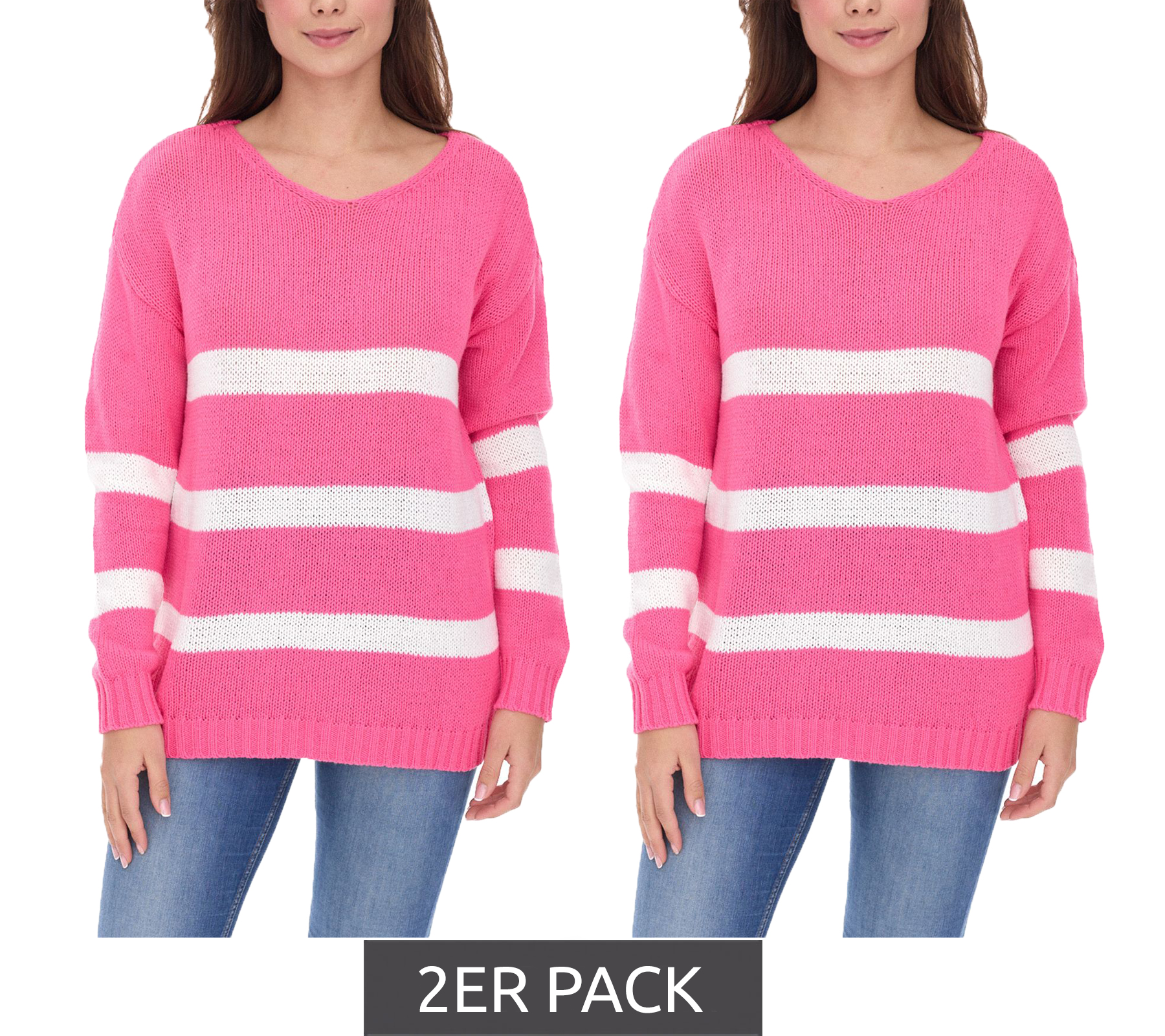 2er Sparpack Aniston CASUAL Damen Strick-Pullover mit Baumwollanteil Alltags-Pullover Langarm-Shirt 39680449 Rosa/Weiß von Aniston