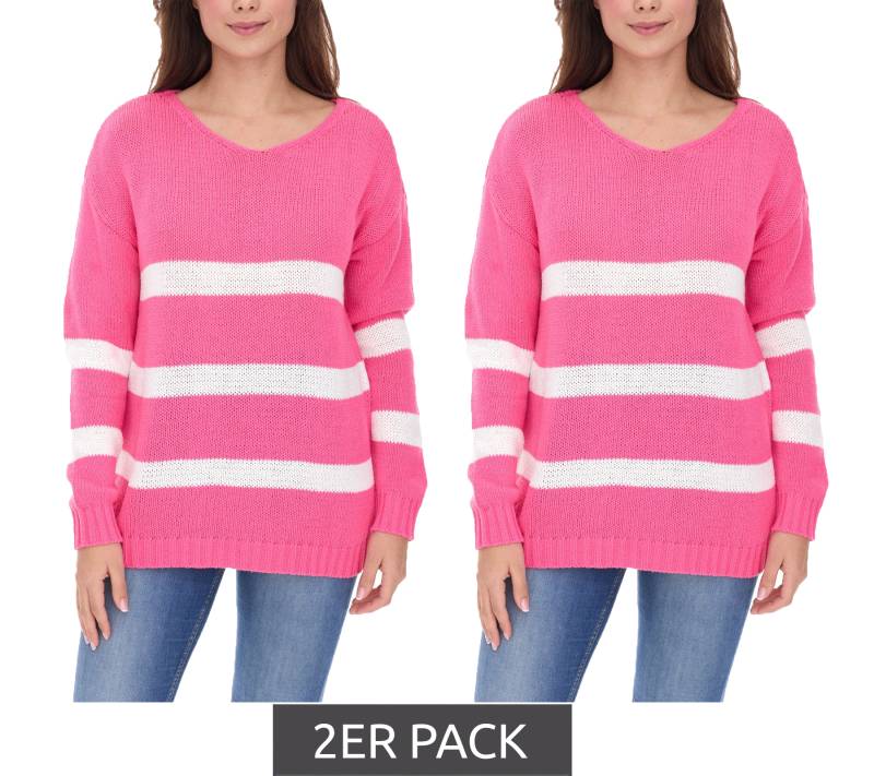 2er Sparpack Aniston CASUAL Damen Strick-Pullover mit Baumwollanteil Alltags-Pullover Langarm-Shirt 39680449 Rosa/Weiß von Aniston