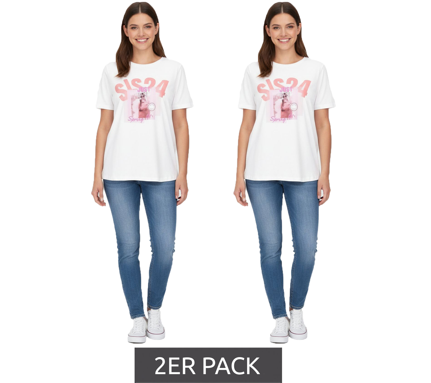 2er Sparpack Aniston CASUAL T-Shirt Damen Baumwoll-T-Shirt mit SIS24 Schriftzug Kurzarm 85719030 Ecru-Weiß von Aniston