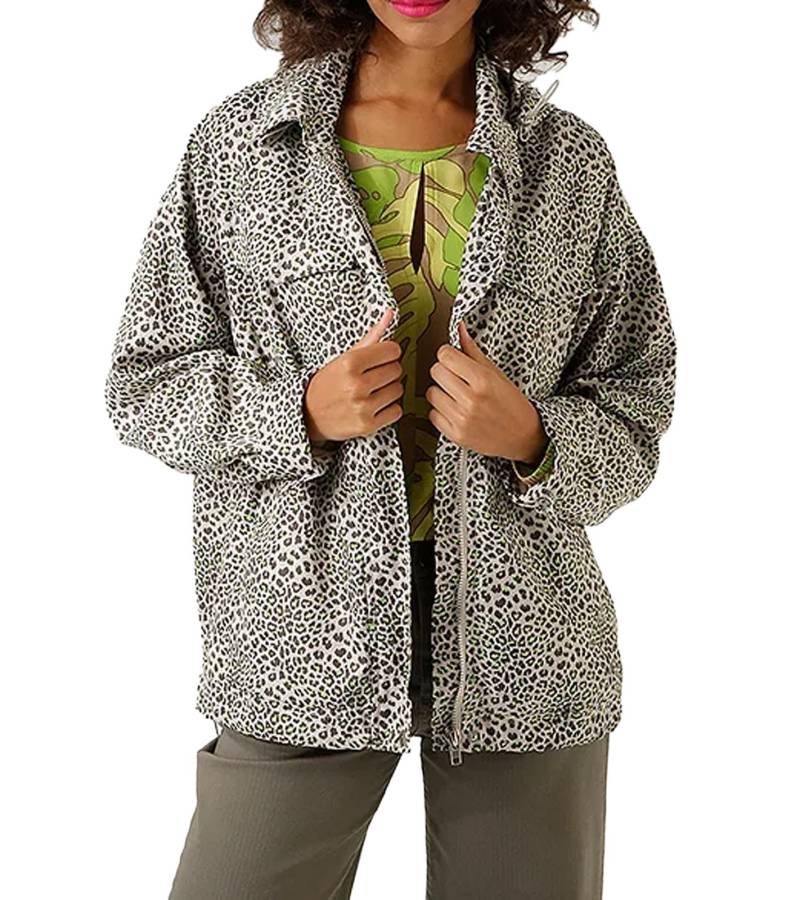 Aniston CASUAL Damen Jacke mit Leoparden-Print Übergangs-Jacke 98225532 Beige/Neon-Grün von Aniston