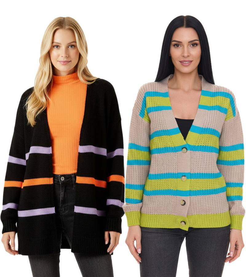 Aniston CASUAL Damen Strick-Jacke modischer Cardigan mit Knopf-Verschluss und Kontrastfarbigen Streifen in Beige/Blau/Grün oder Schwarz/Orange/Lila von Aniston