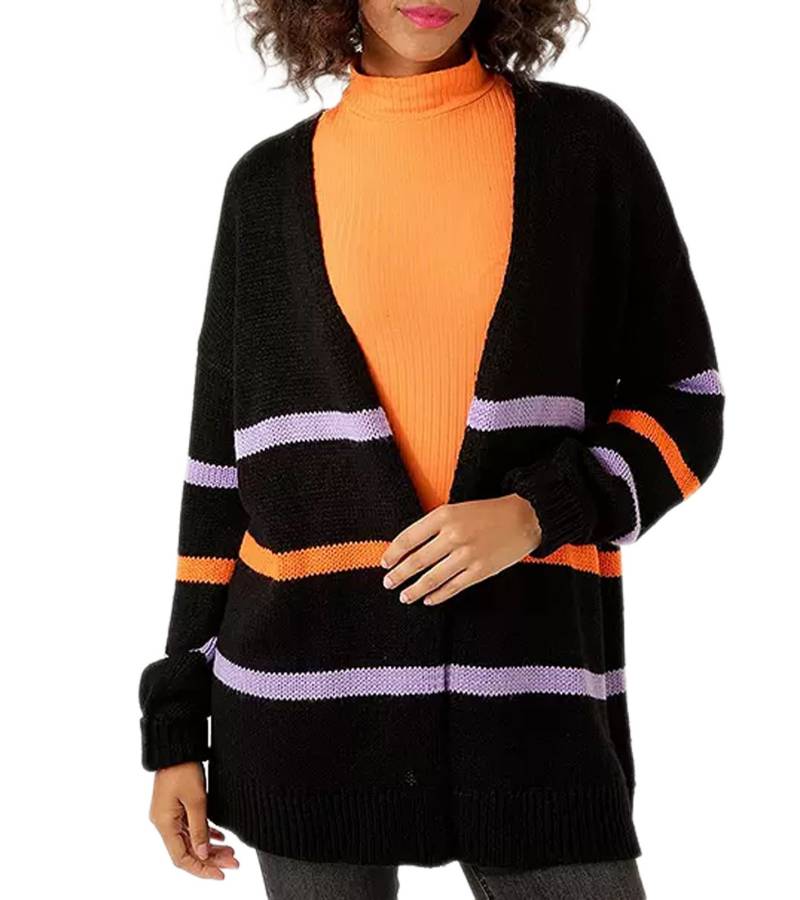 Aniston CASUAL Damen Strick-Jacke modischer Cardigan mit farbigen Streifen 95448519 Schwarz/Orange/Lila von Aniston