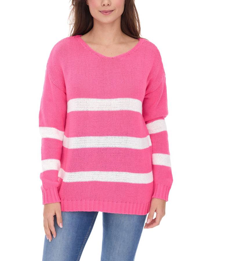 Aniston CASUAL Damen Strick-Pullover mit Baumwollanteil Alltags-Pullover Langarm-Shirt 39680449 Rosa/Weiß von Aniston