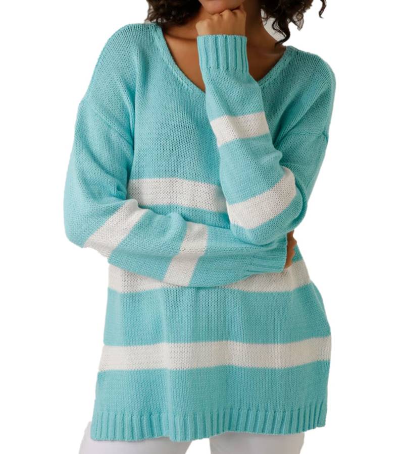 Aniston CASUAL Damen Strick-Pullover mit Baumwollanteil Alltags-Pullover Langarm-Shirt 78647339 Türkis/Weiß von Aniston