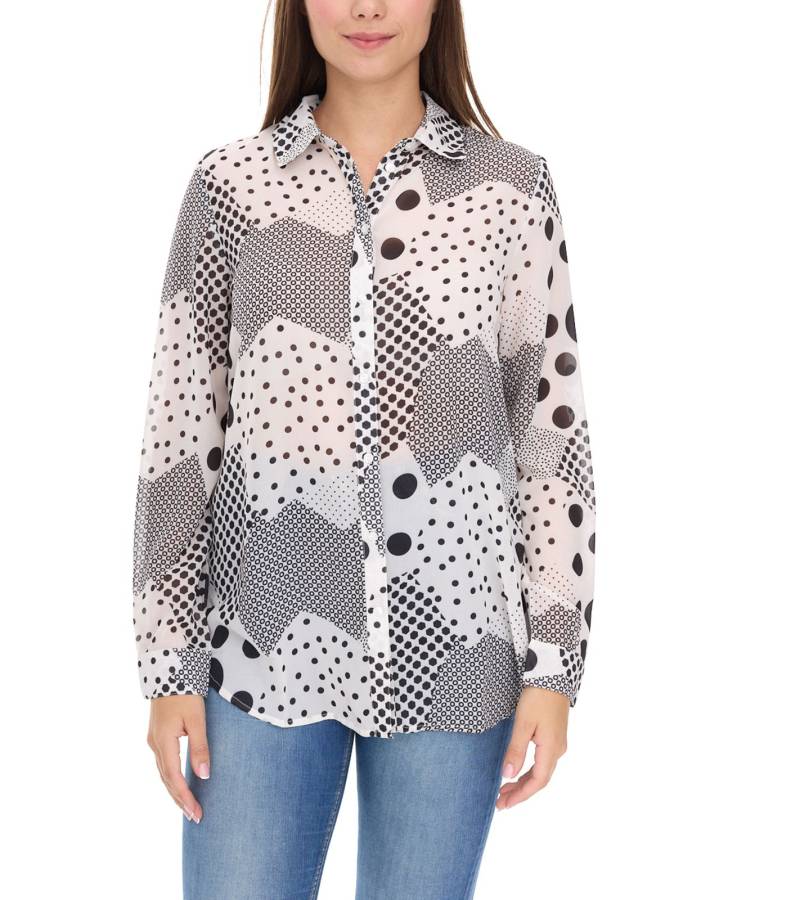 Aniston CASUAL FM Damen Bluse stylische gemusterte Sommer-Bluse mit Kent-Kragen Langarm-Shirt 36993707 Weiß/Schwarz von Aniston
