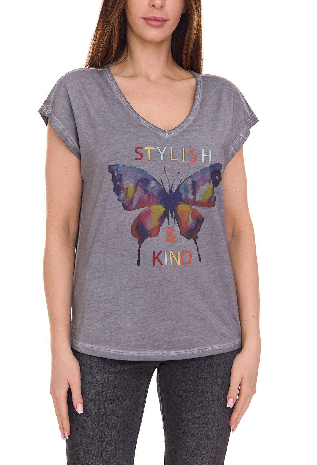Aniston CASUAL Kurzarm-Shirt modisches Damen T-Shirt mit Schmetterling-Print 16014105 Grau von Aniston