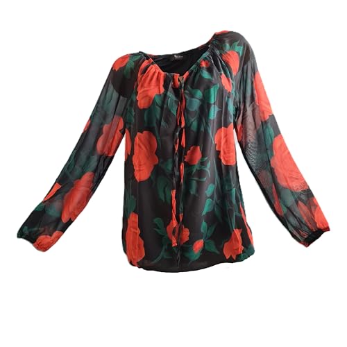 Aniston Damen Bluse mit Blumenmuster Lange Ärmel schwarz mit orangenen Rosen und grünen Blättern elastischer Ausschnitt Gr. 38 von Aniston