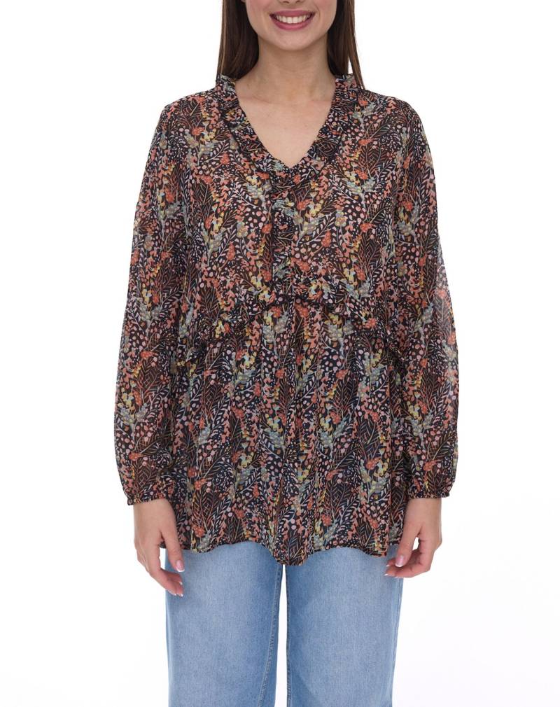 Aniston Damen Sommer-Bluse mit Rüschen-Details Langarm-Shirt mit Allover-Print Arbeits-Bluse 88608001 Braun/Grün/Schwarz von Aniston
