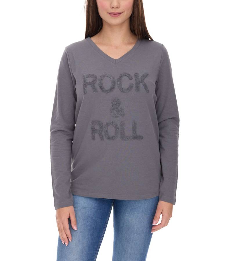 Aniston SELECTED Damen Baumwoll-Pullover Langarm-Shirt mit ROCK & ROLL Schriftzug Alltags-Pullover 39352300 Grau von Aniston