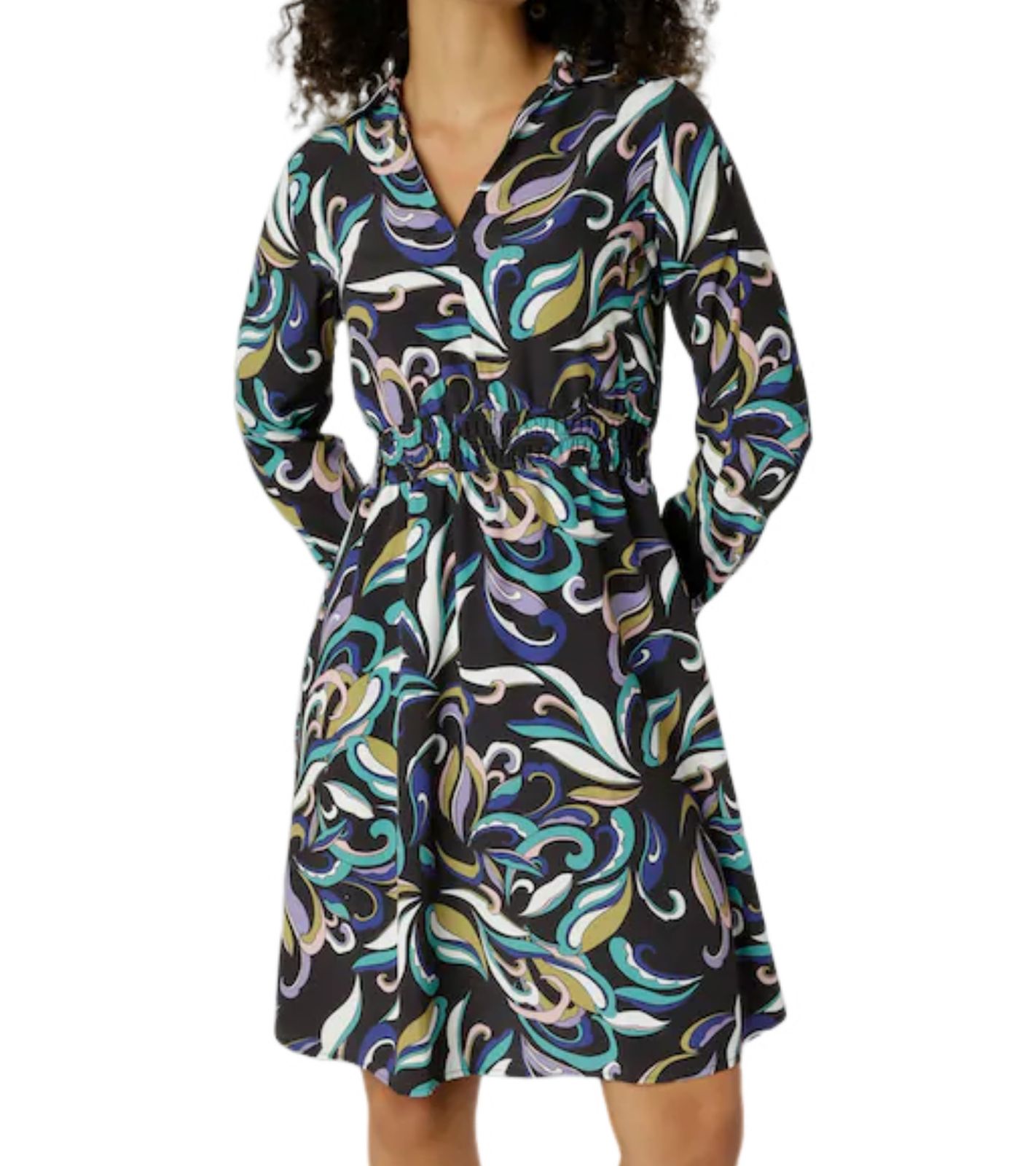 Aniston SELECTED Damen Mini-Kleid Blusen-Kleid mit Allover-Print Langarm-Kleid 25321031 Schwarz/Grün/Blau von Aniston