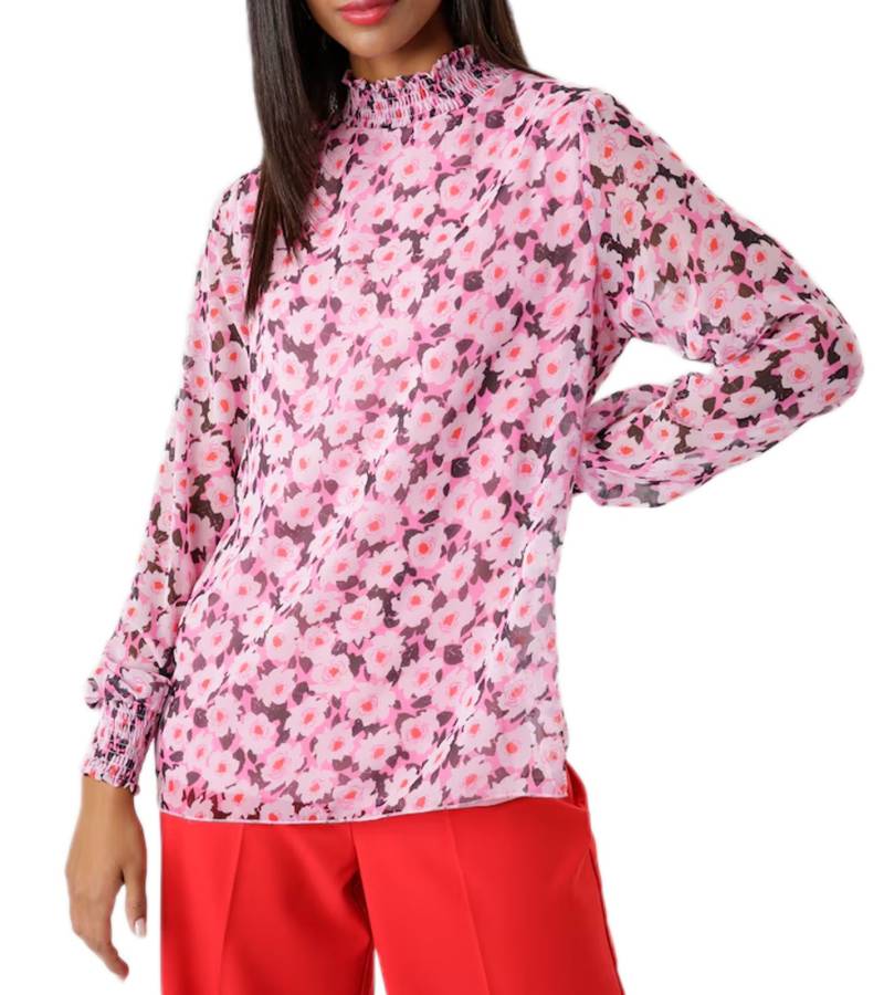 Aniston SELECTED Damen Sommer-Bluse mit Allover-Blumen-Print Langarm-Shirt mit durchsichtigen Ärmeln Frühlings-Bluse 45177117 Rosa/Schwarz von Aniston