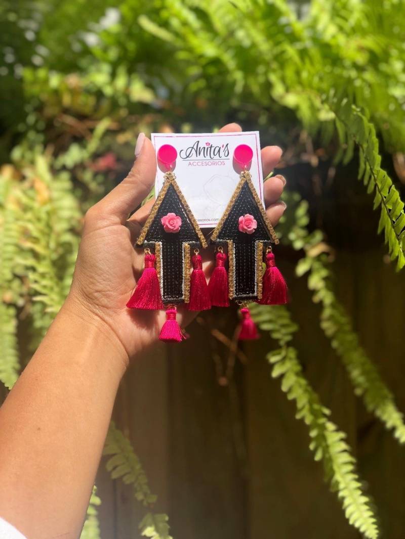 Schwarze Seta Quaste Ohrringe, Handgefertigte Sets Strass Schmuck, Große Aussage Handgemachte Satz Patch Ohrdecken von AnitasAccesorios